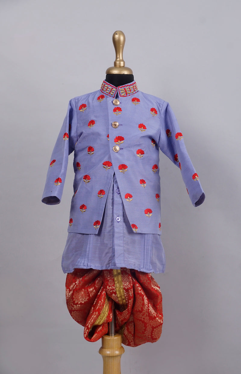 Lavender with Red Embroidered Work  Boy's Birthday Suits