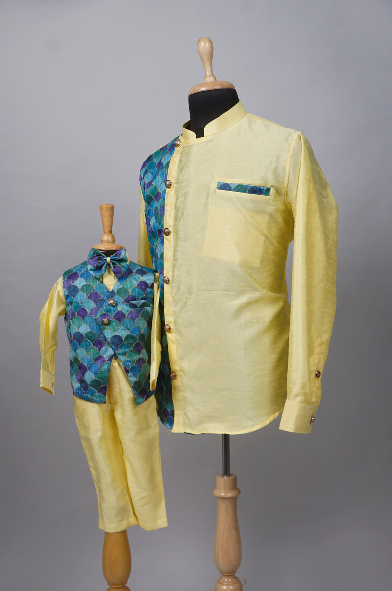 Yellow with Zari Embroidery Grand Dad and Son Combo Matching Set