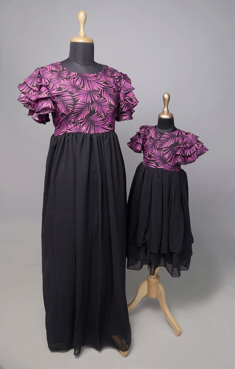 Black with Purple Printed Mom & Daughter Combo Matching Set