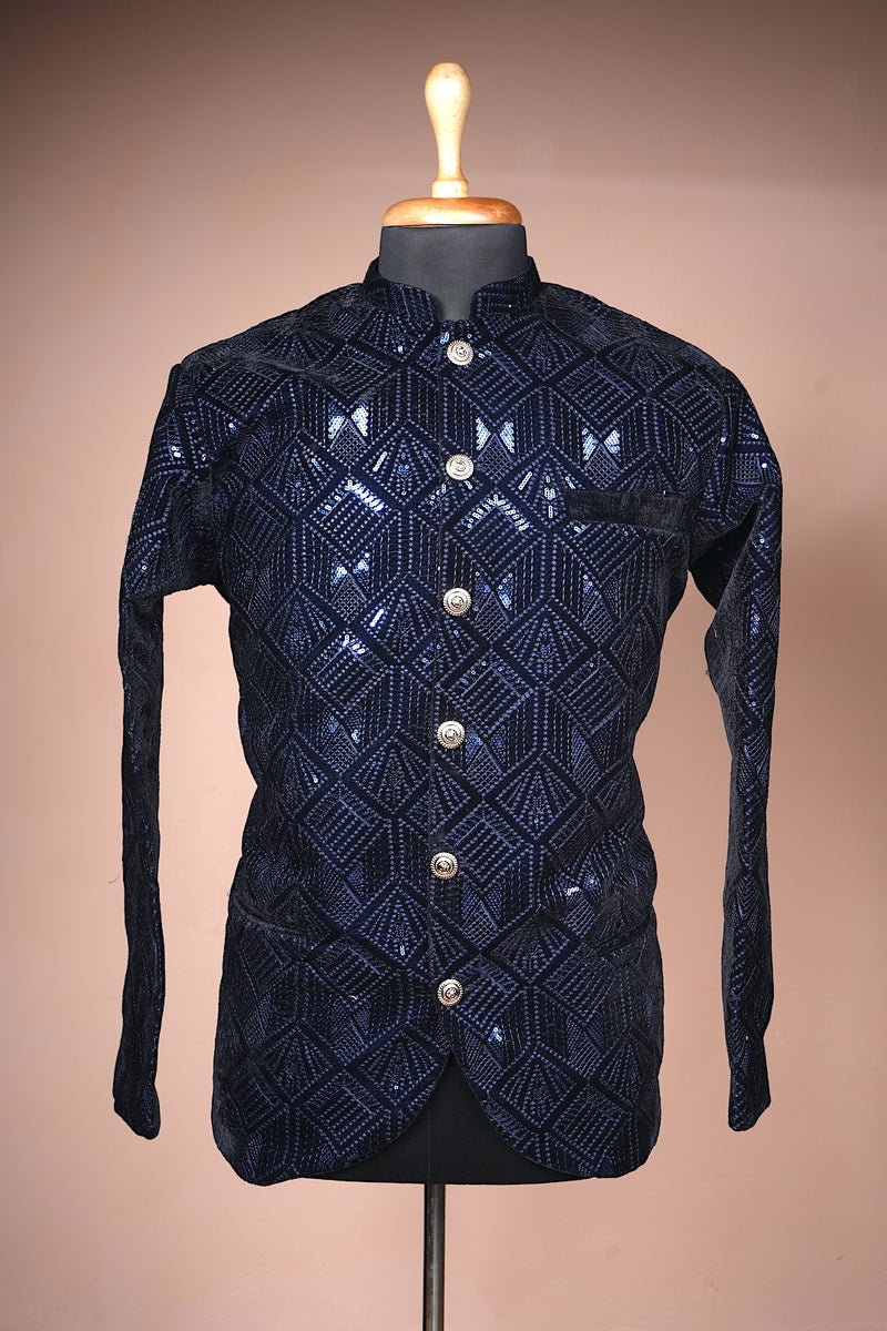 Navy Blue Sequin Embroidered velvet Mens Suit