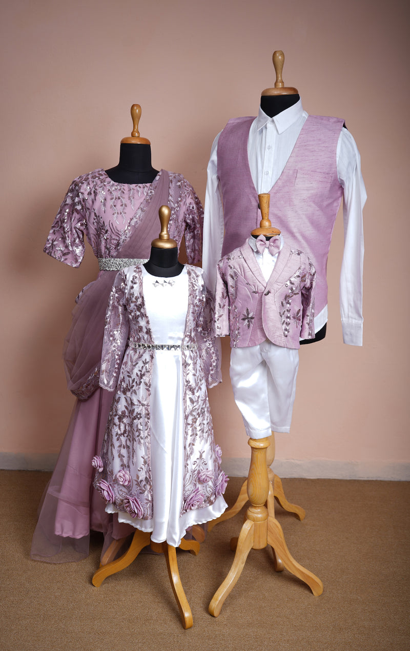 Lilac Fancy Embroidery net and Rawsilk and White Satin and Special Stone work Family Clothing