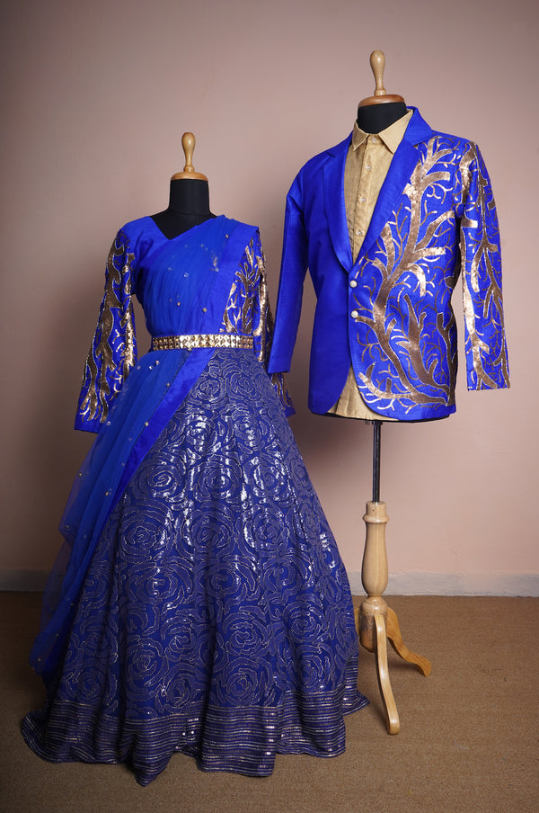 Cobalt Blue and Gold Rawsilk and Kali Fabric with Special Embroidery work in Couple Clothing
