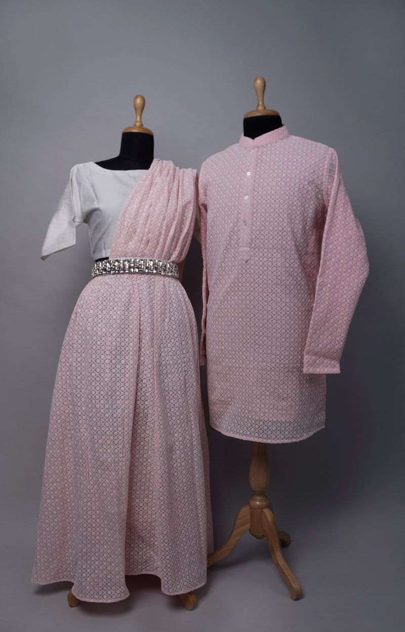 Pink Chikankari with White Couple Combo Matching Set