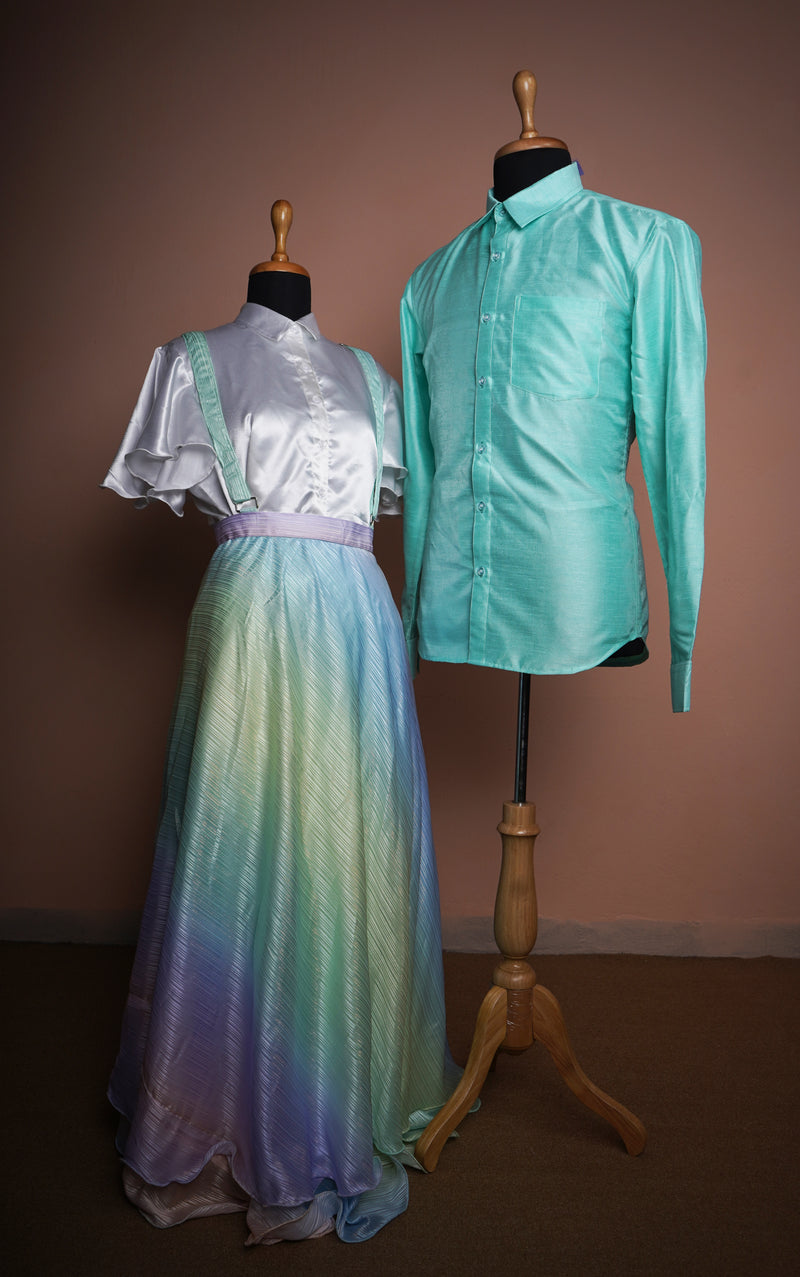Aqua Green Rawsilk and Multi Colour Satin and Plain White Satin Couple Clothing