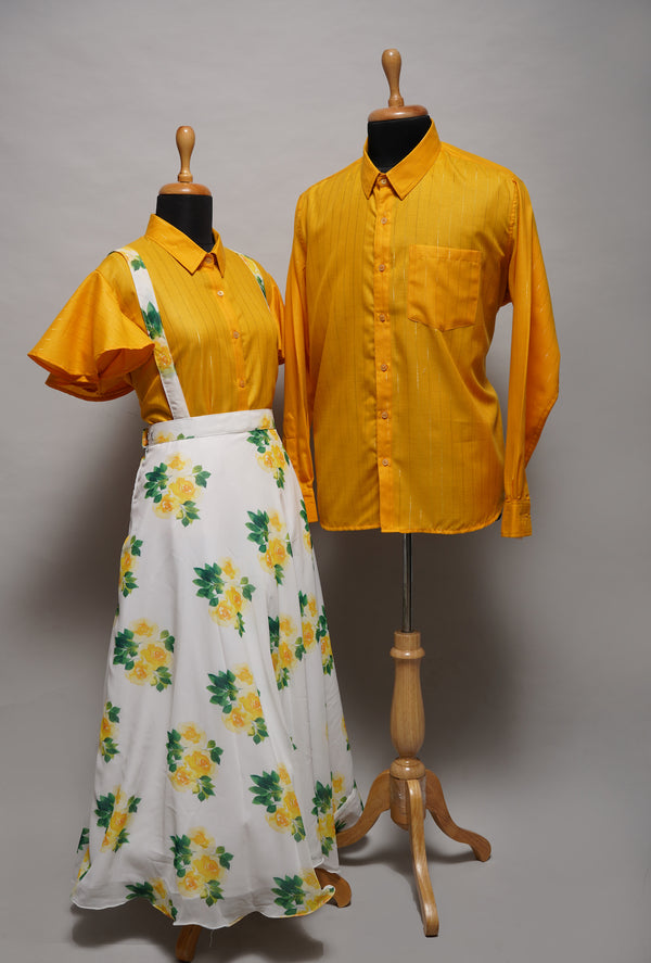 Yellow Lurex and White Printed Couple Clothing