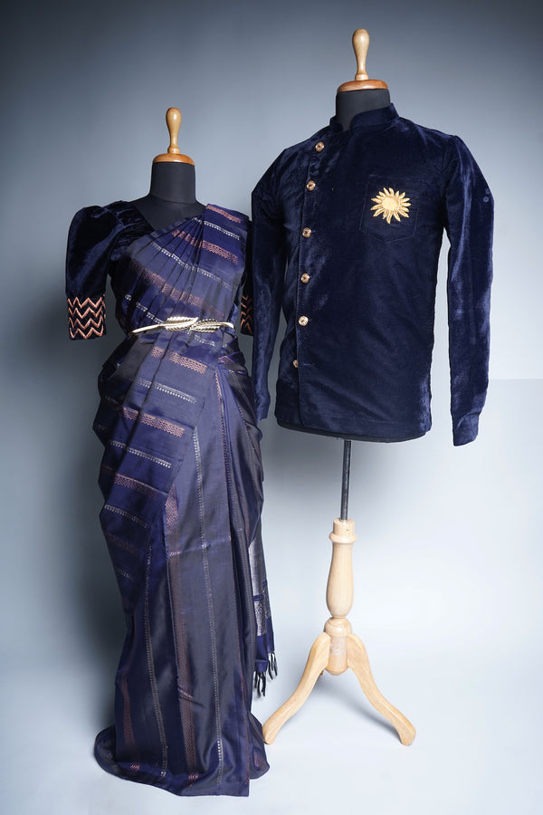 Navy Blue Velvet and Silk Saree with Special Embroidery work in Couple Clothing