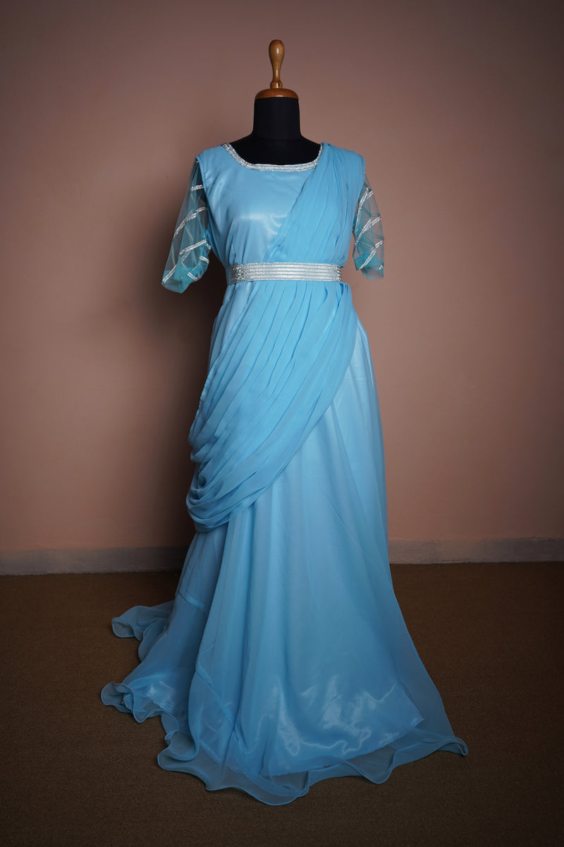 Sky Blue Satin and Plain net and Georgette with Special Stone work in Womens Reception Wear