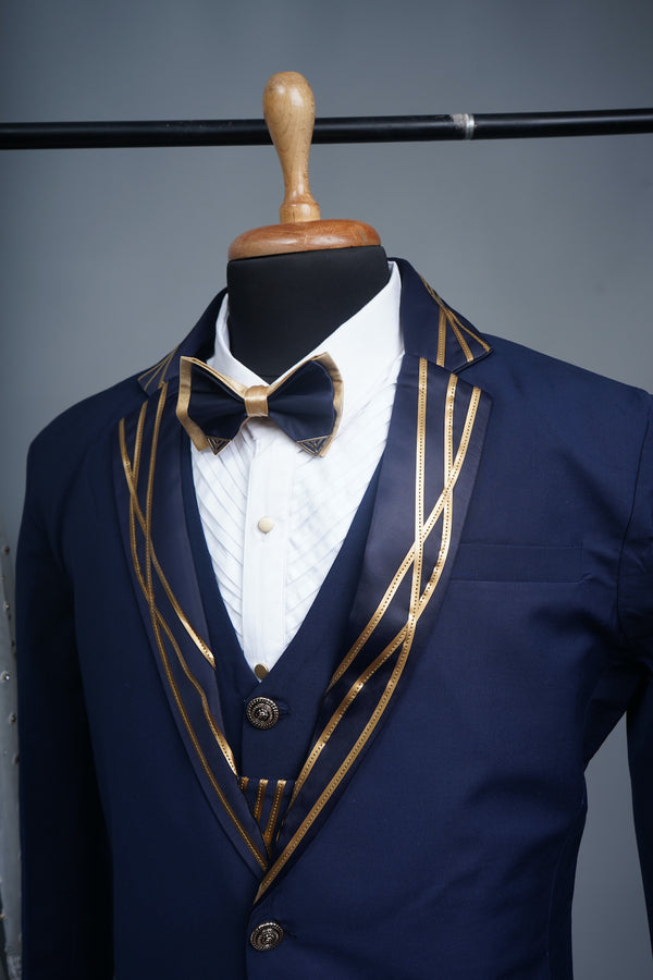 Navy Blue Suiting Fabric with Gold Metal Stripes Mens Bridal Suits