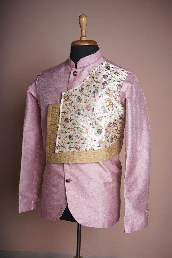 Pink and Gold Rawsilk and Grand Embroidered Fabric Mens Suit