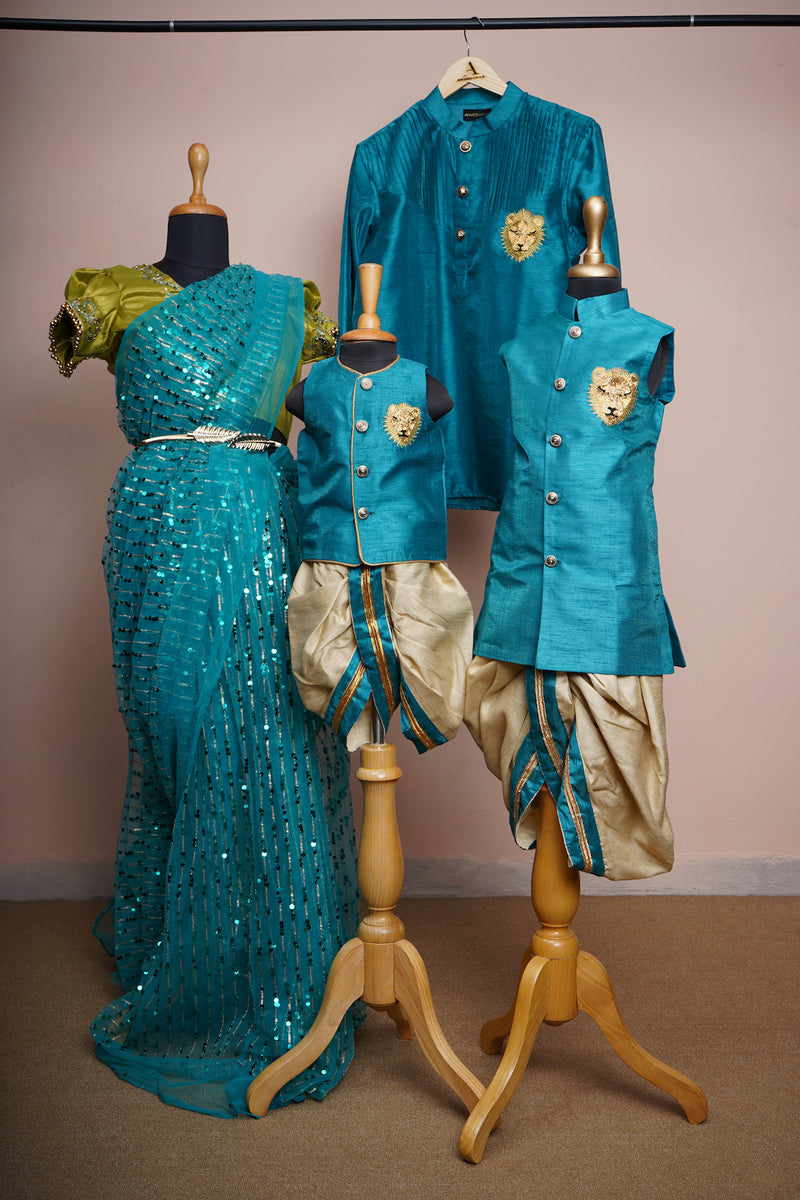 Regal Teal & Gold Family Traditional Outfit Saree, Kurta & Dhoti Set Anveshana Clothing Regal Teal & Gold Family Traditional Outfit Saree, Kurta & Dhoti Set Anveshana Clothing