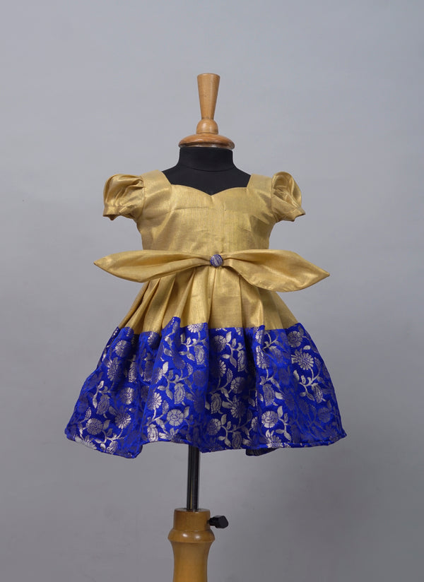 Golden Tissue with Royal Blue Brocade Girl's Custom Made Dresses