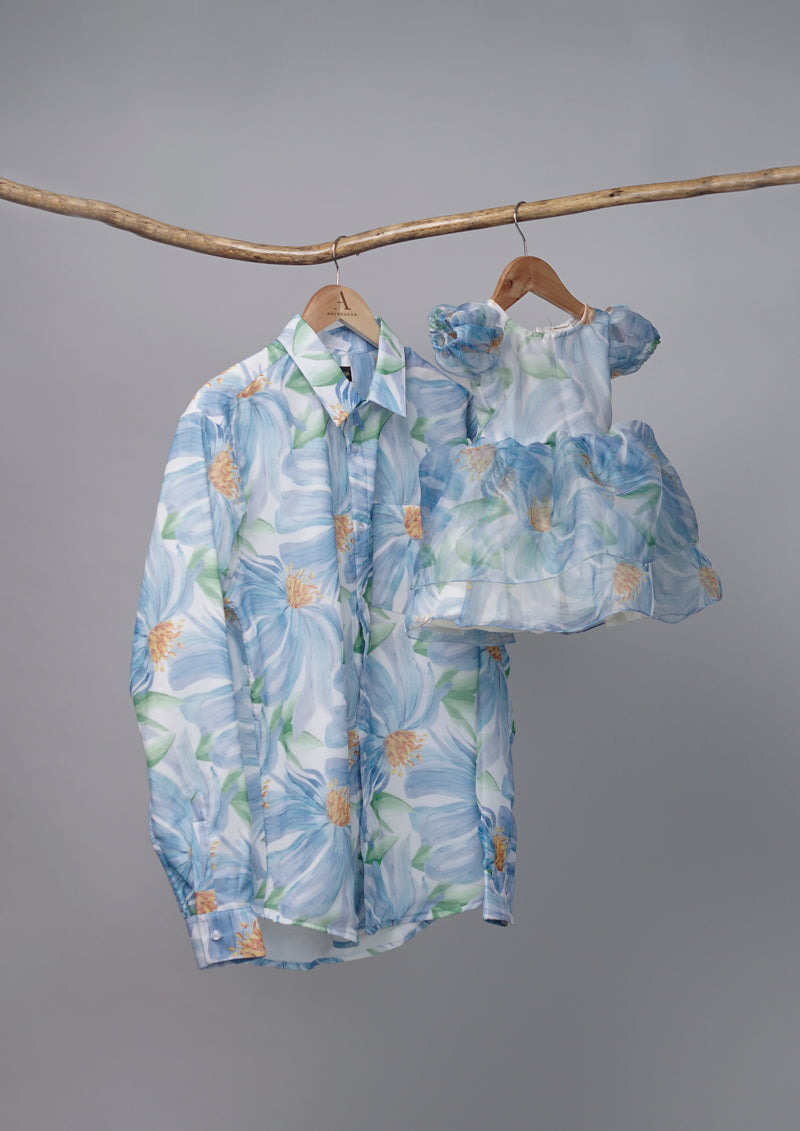 Sky Blue Floral Printed Dad and Daughter Combo Matching Set