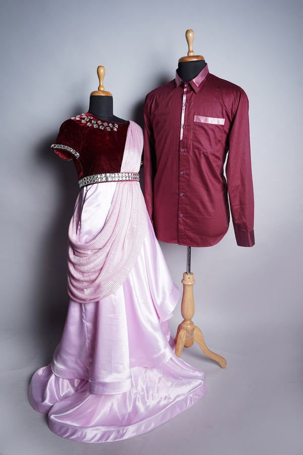 Maroon Velvet and Carvette and Pink Satin and Foil Pleated with Special Stone work in Couple Clothing