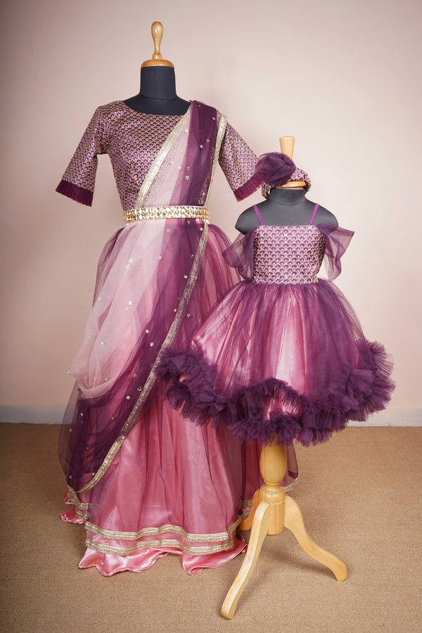 Purple Embroidered Grand Fabric and Butta Worked Net with Gold Stone Belt Mom and Daughter Combo