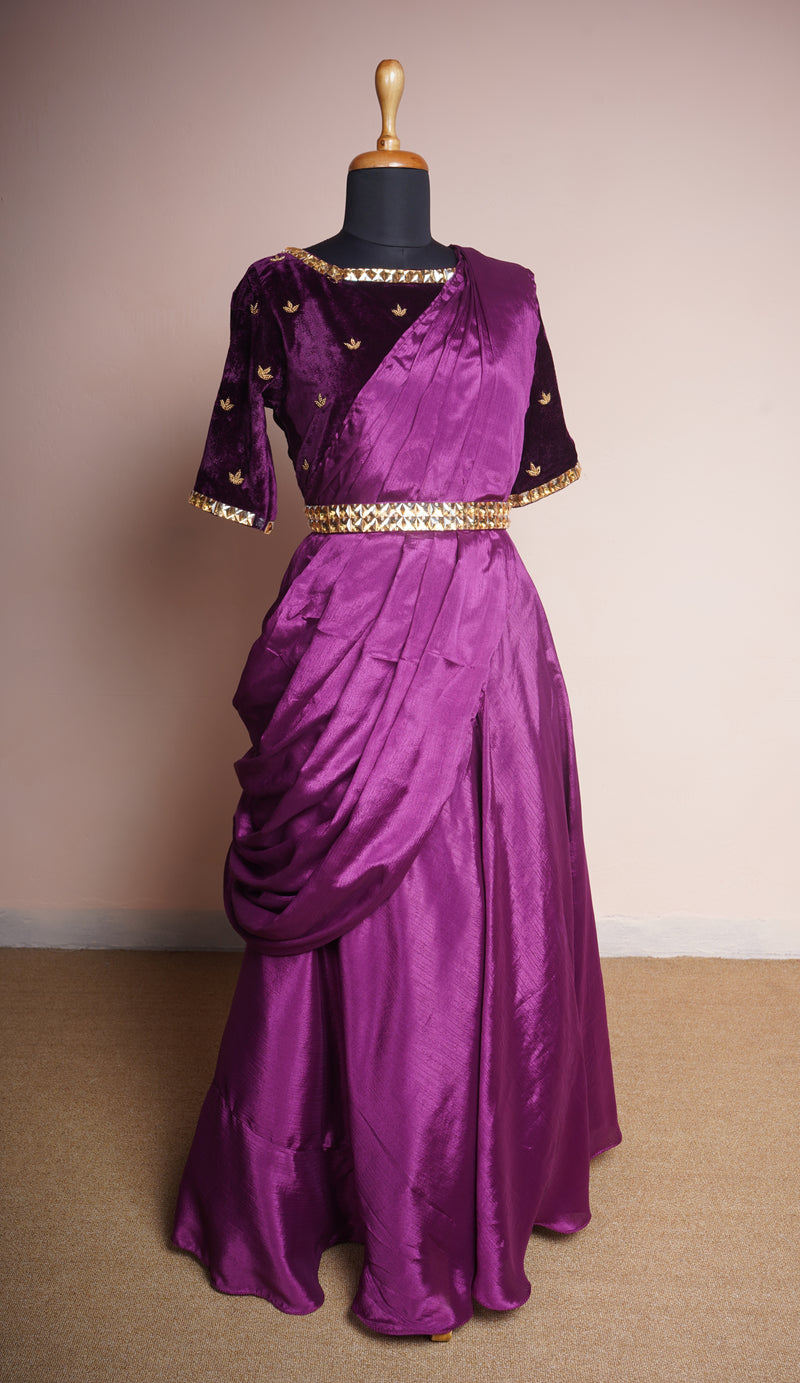 Purple Velvet and Chinon and Special Embroidery Work with Gold Stone Belt  in Womens Reception Wear