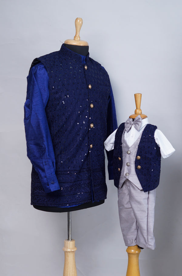 Navy Blue with Grey  Blue Grand Dad and Son Combo Matching Set