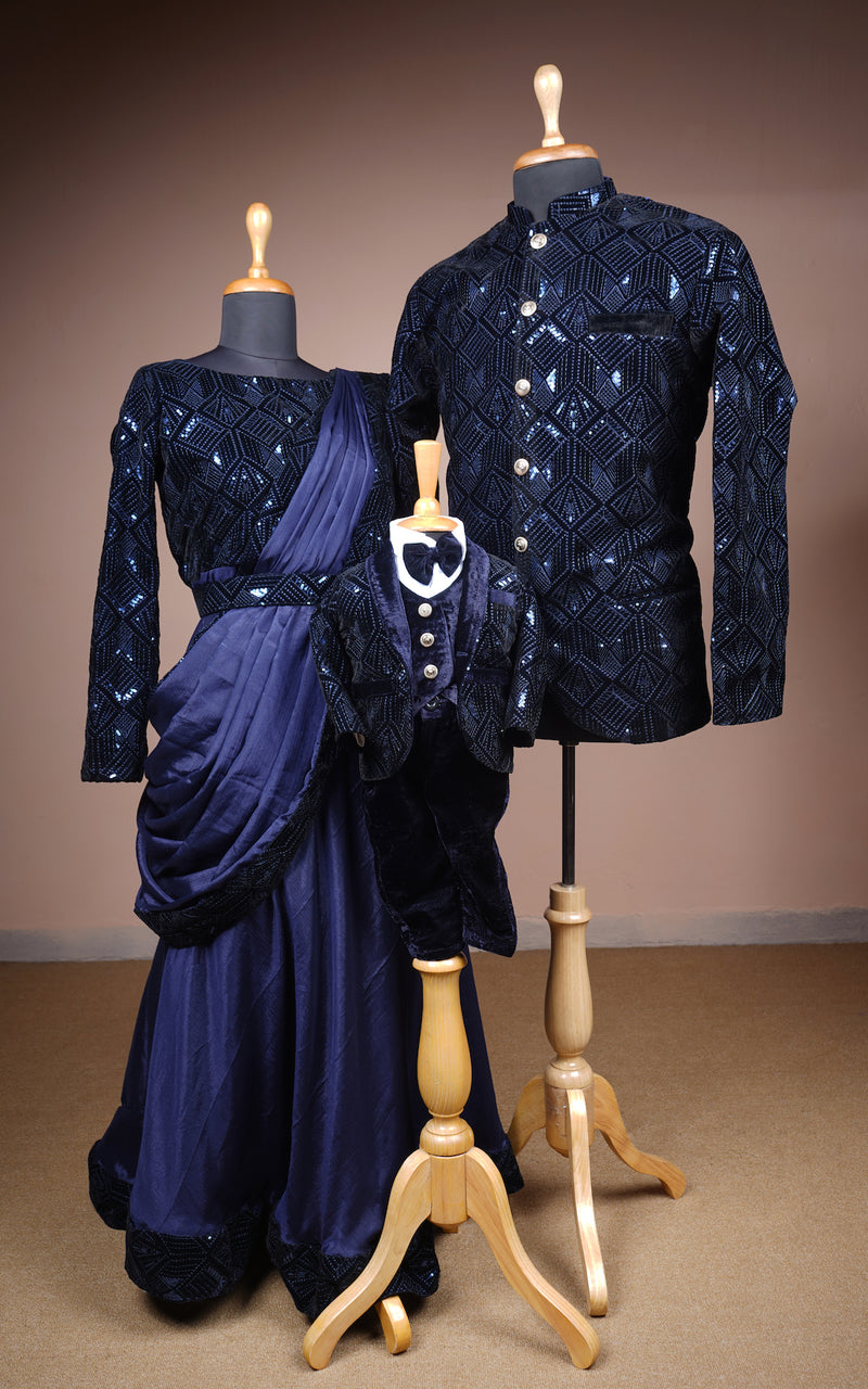 Navy Blue Sequin Embroidered velvet and Chinon Family Clothing