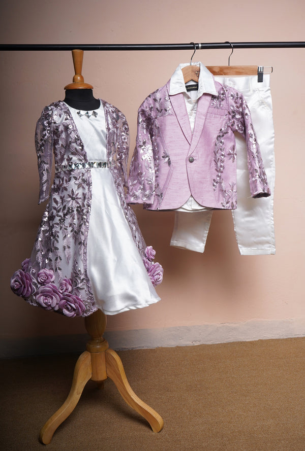 Lilac Fancy Embroidered Net and Rawsilk with Half White Satin Siblings Combo