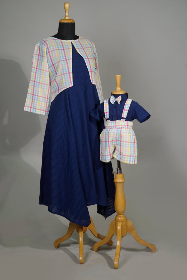 Blue-Multi Color Checked Combo Matching Set