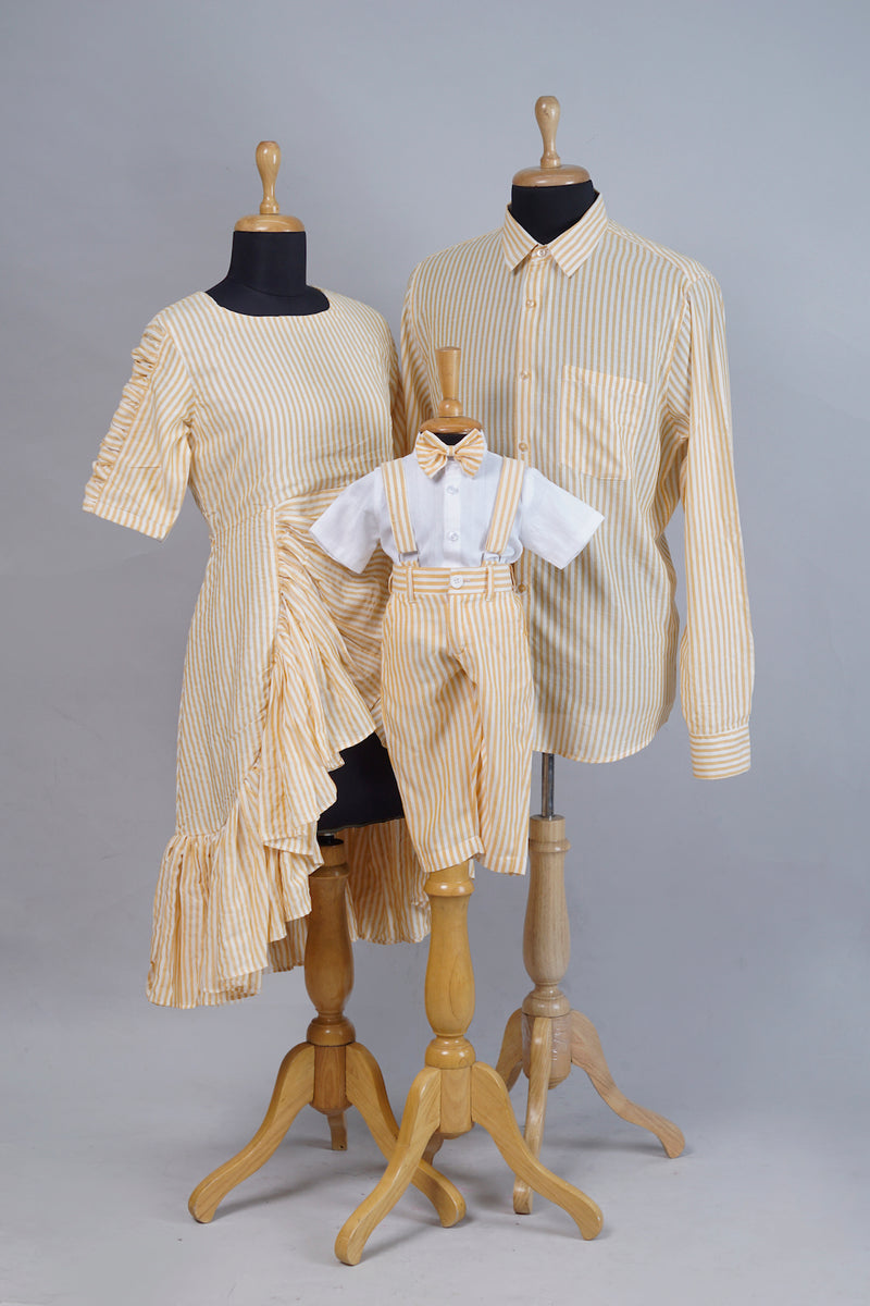 Yellow Striped Cotton Casual Family Combo Matching Set