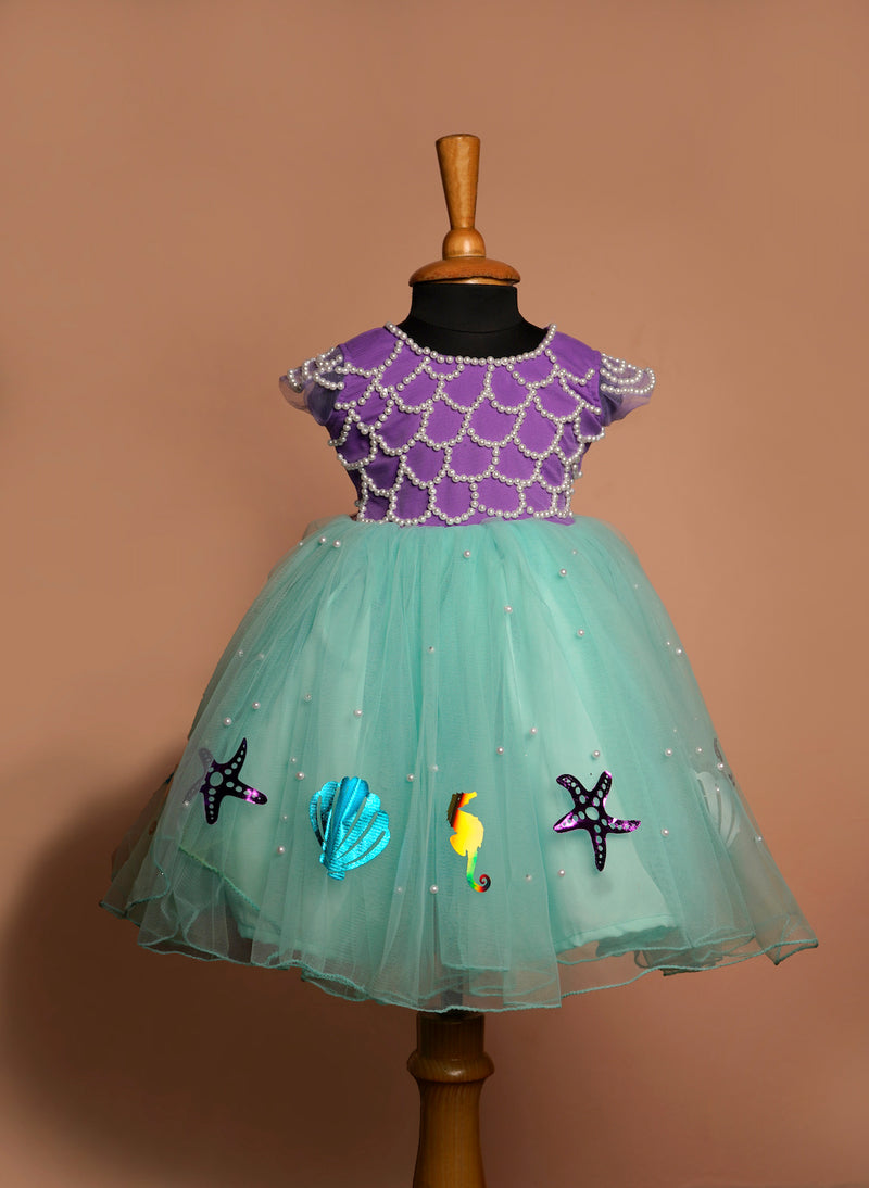 Lavender and Aqua Green Plain with Special Foil work and Special pearl work in Girl kid Birthday Wear