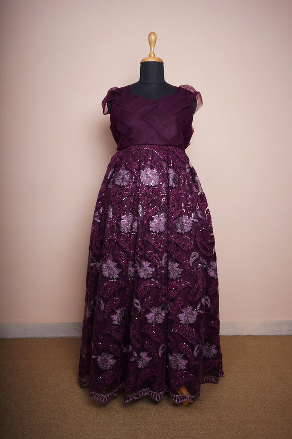 Purple Fancy Embroidery Net and Plain Net with Pleated Yoke Part Womens Reception Wear