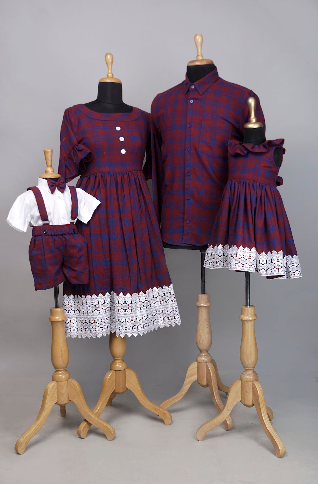 Checkered Family Matching Outfit Set – Maroon and Blue with White Lace ...