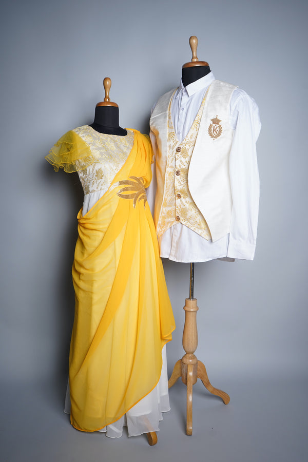 Yellow and Half White Bahubali Brocade and Rawsilk with Speacial Crown work in Couple Clothing