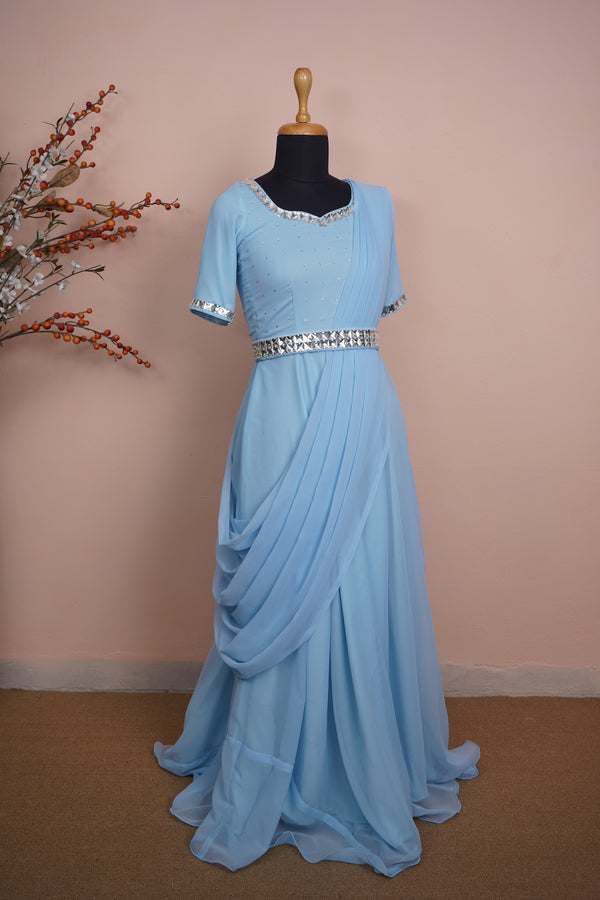 Sky Blue Plain Georgette with White Stone Belt Womens Reception Dress