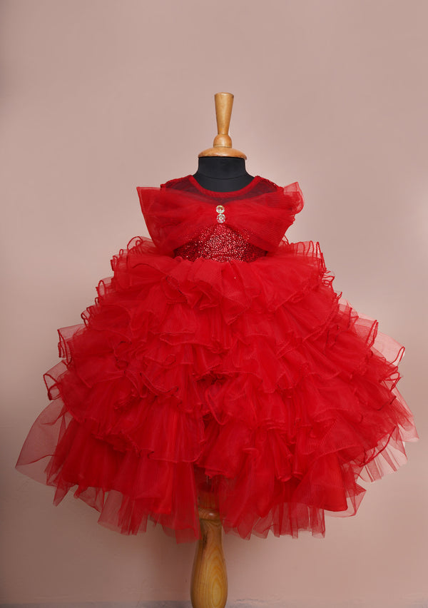 Red Sequin and Plain net Girl kid First Birthday Wear