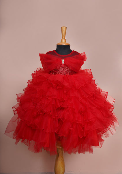 Red Sequin and Plain net Girl kid First Birthday Wear