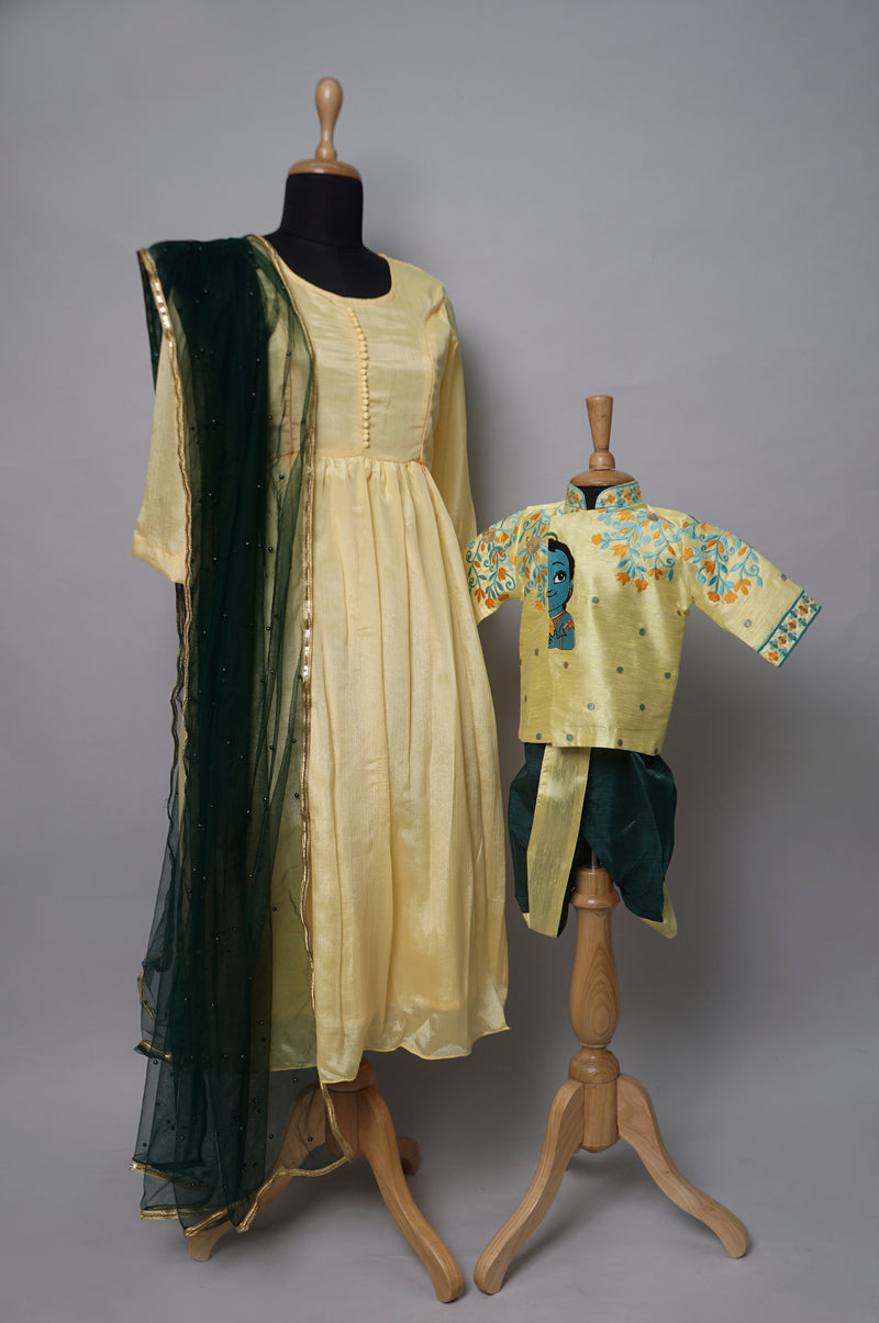 Yellow Krishnan  Embroidered Mom and Son Combo Matching Set