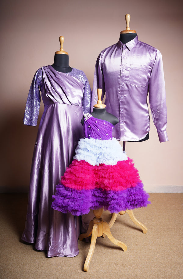 Lavender Satin and Multi Colour Net with Flower and pearls work Family Clothing Party Wear