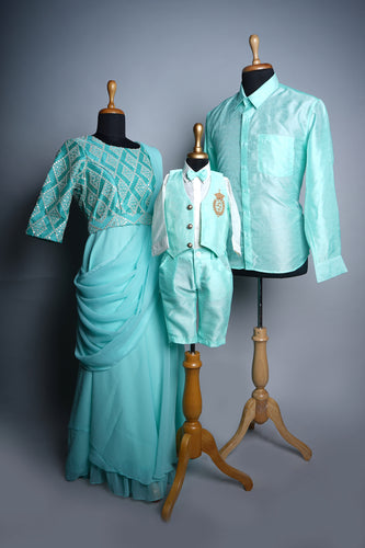 Aqua Green Plain Georgette and Rawsilk Family Combo