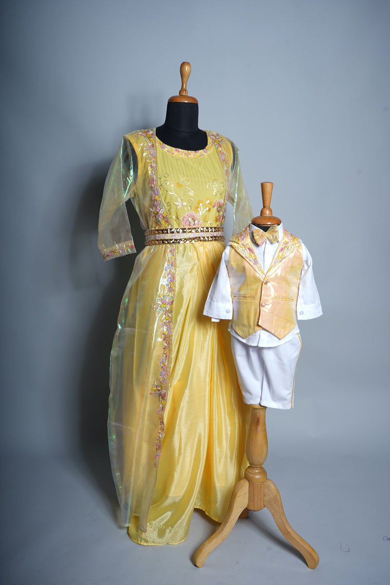 Yellow and White Silk Organza with Special Embroidery work in Mom and Son Combo