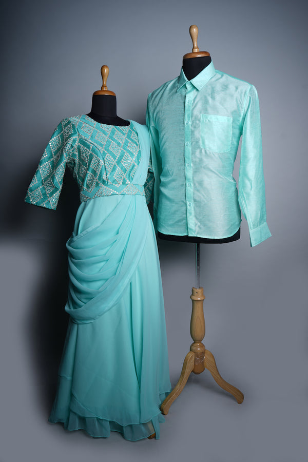 Aqua Green Plain Georgette and Rawsilk Couple Clothing