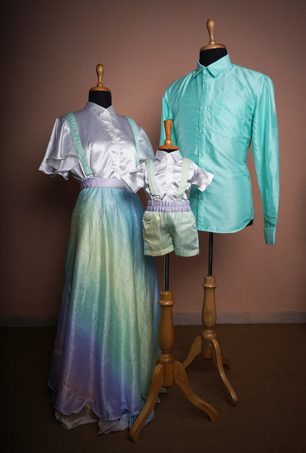 Aqua Green Rawsilk and Multi Colour Satin and Plain White Satin  Family Clothing