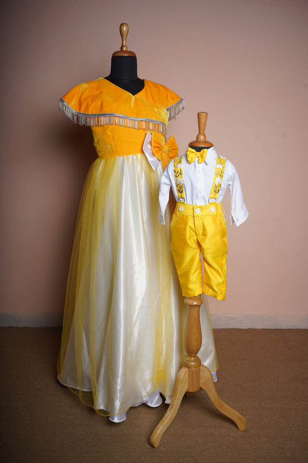 Yellow Velvet and Rawsilk with Speacial Embroidery work in Mom and Son Combo