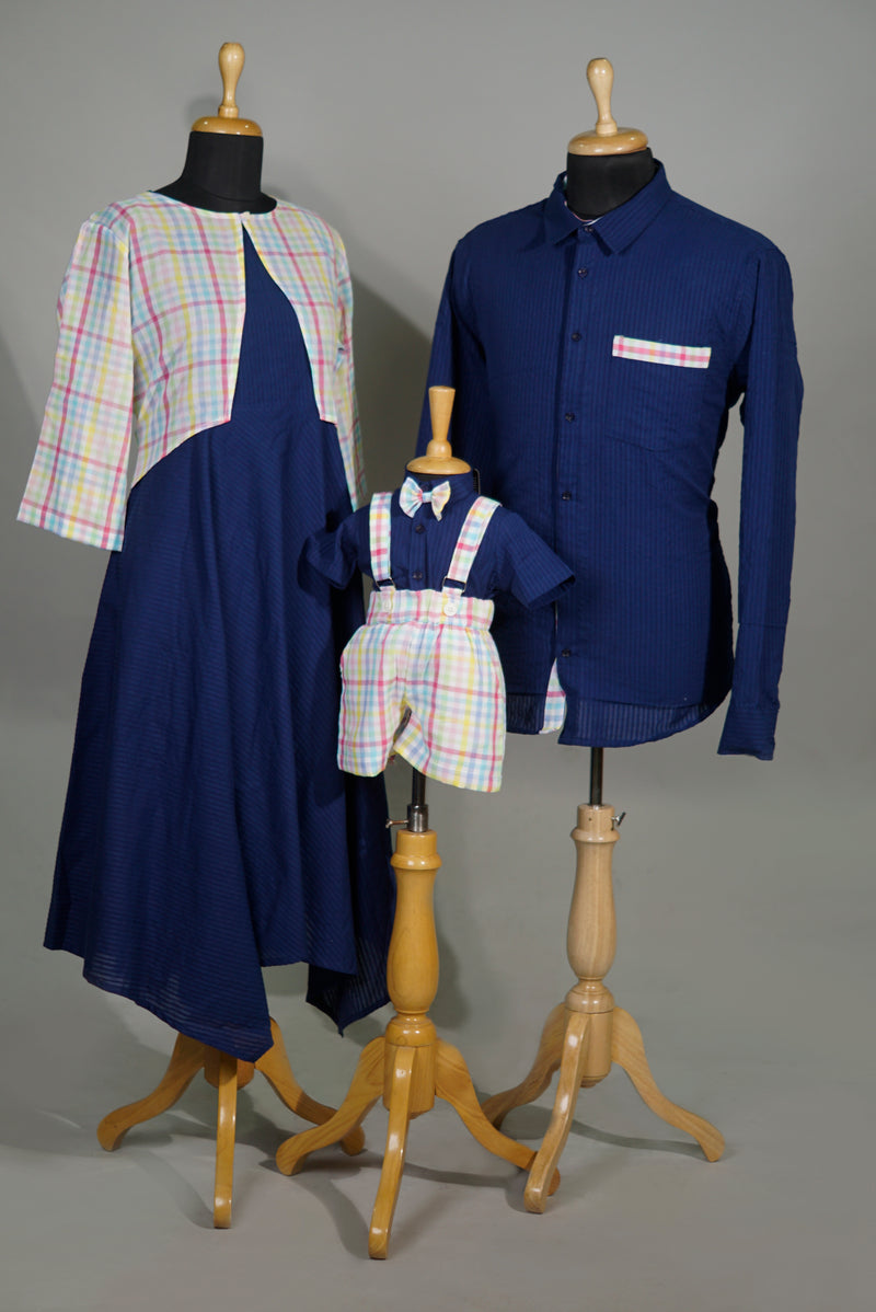 Blue-Multi Color Checked Combo Matching Set