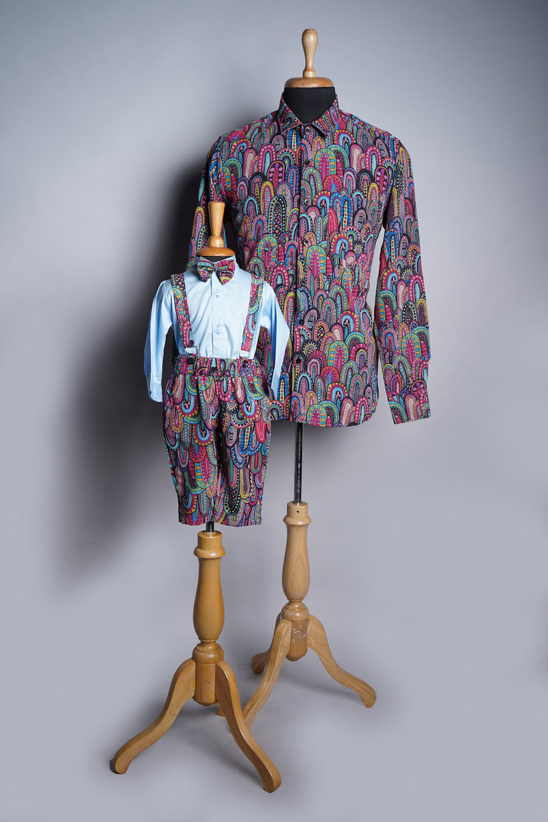 Printed Georgette and Plain Blue Georgette in Dad and Son Combo