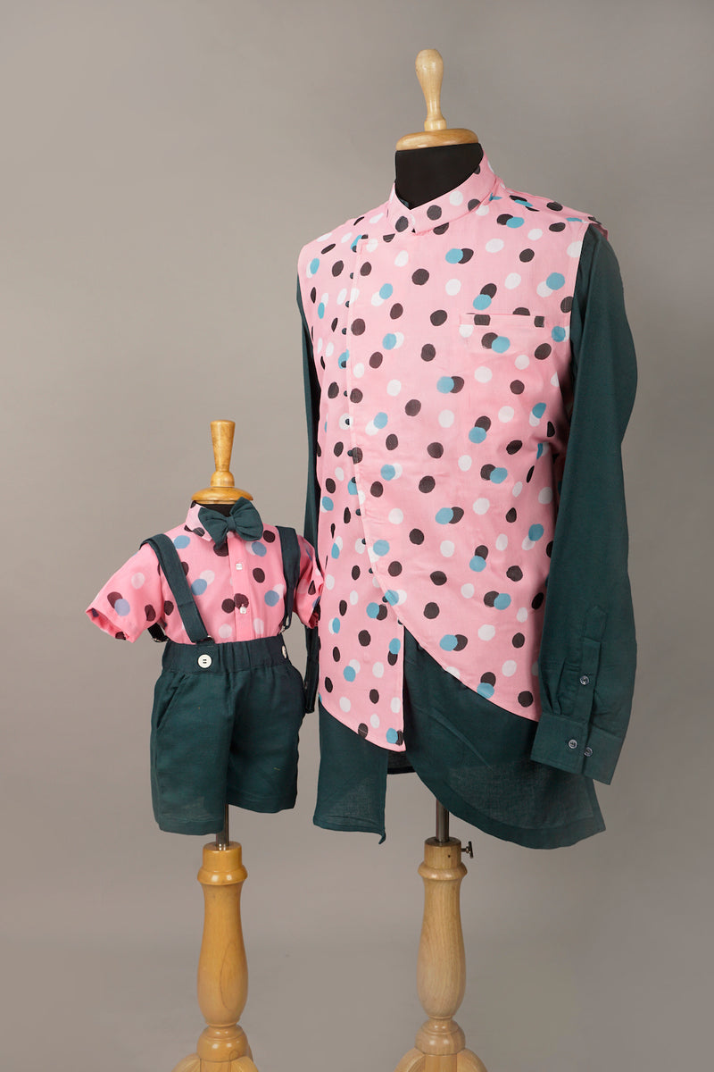 Pink Doted With Green Dad and Son Combo Matching Set