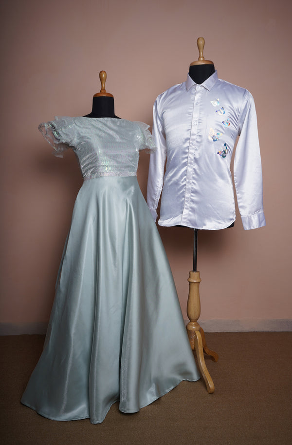 Shimmer Satin and Holographic Organza and White Satin with Special Butterfly work and White Stone Patch work Couple clothing