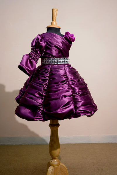 Purple Satin Gathered Giel kid Birthday Wear with White Stone Belt