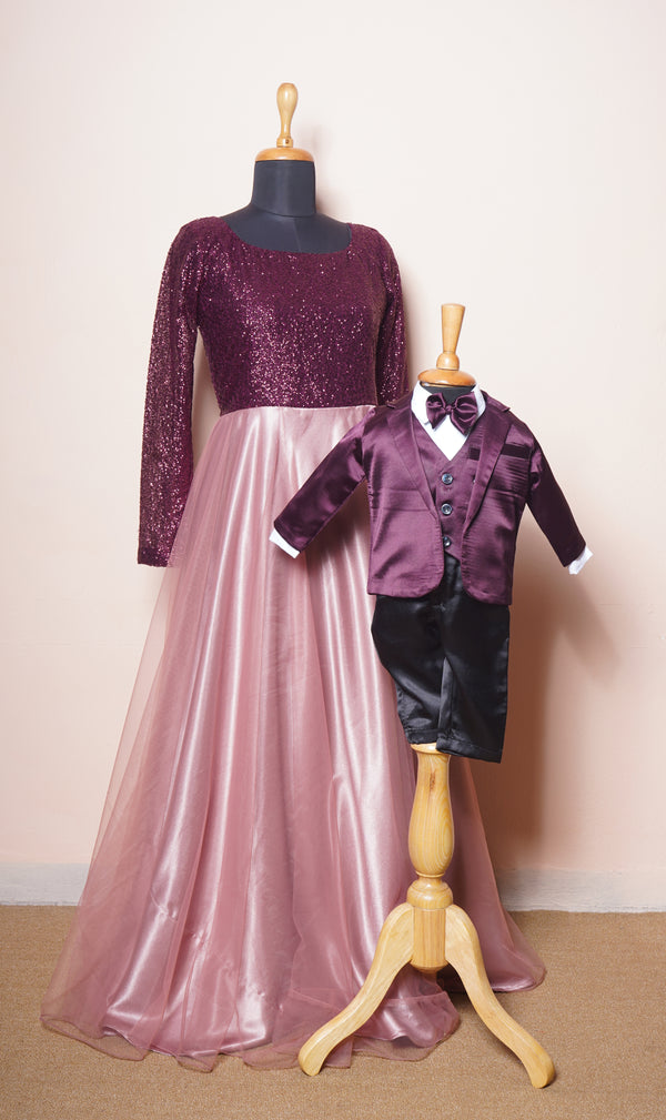 Purple Sequin and Rosegold Mom Dress with Purple and Black Satin kid Blazer Set Mom and Son Combo