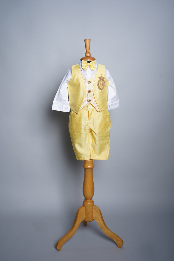 Yellow Rawsilk and White Cotton Fabric With Speacial Crown Work  Boys Birthday Dress