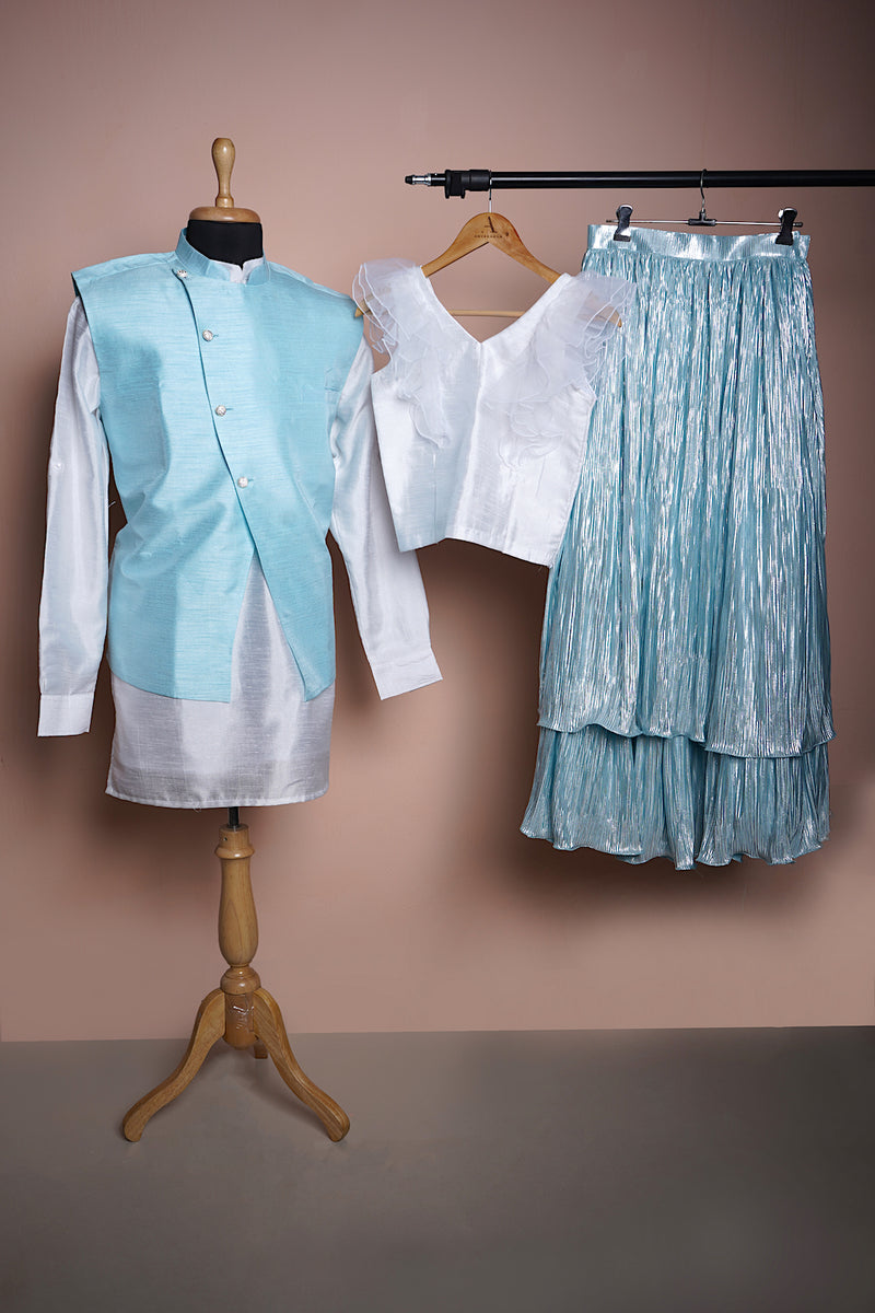 Sky Blue and White Rawsilk with Foil pleated Family Clothing