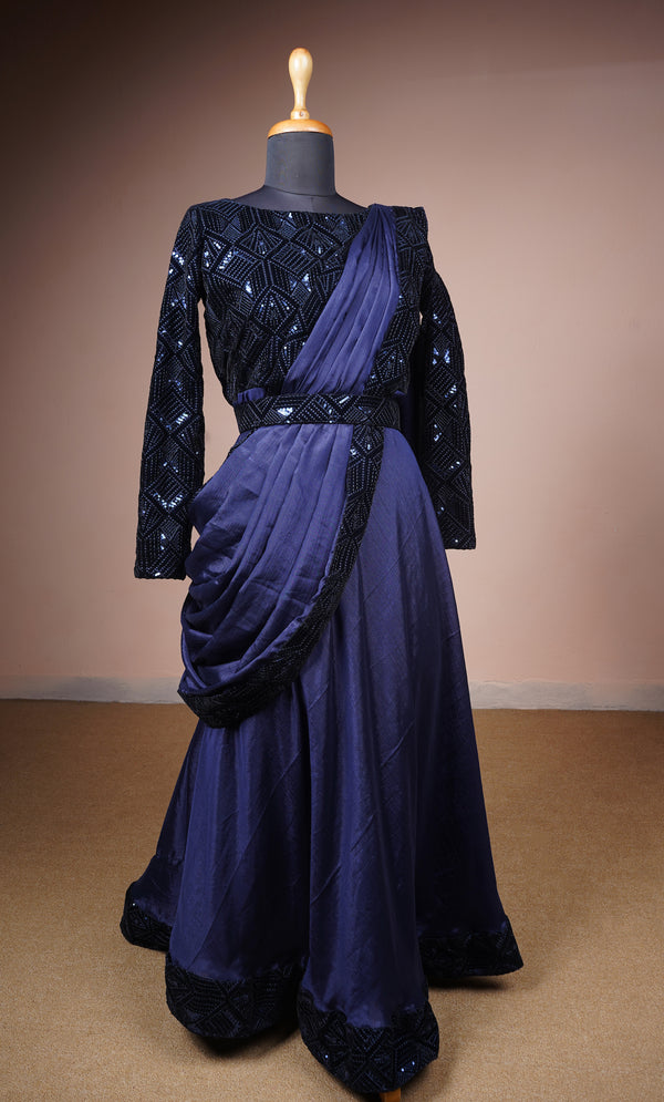 Navy Blue Sequin Embroidered velvet and Chinon Womens Reception Wear