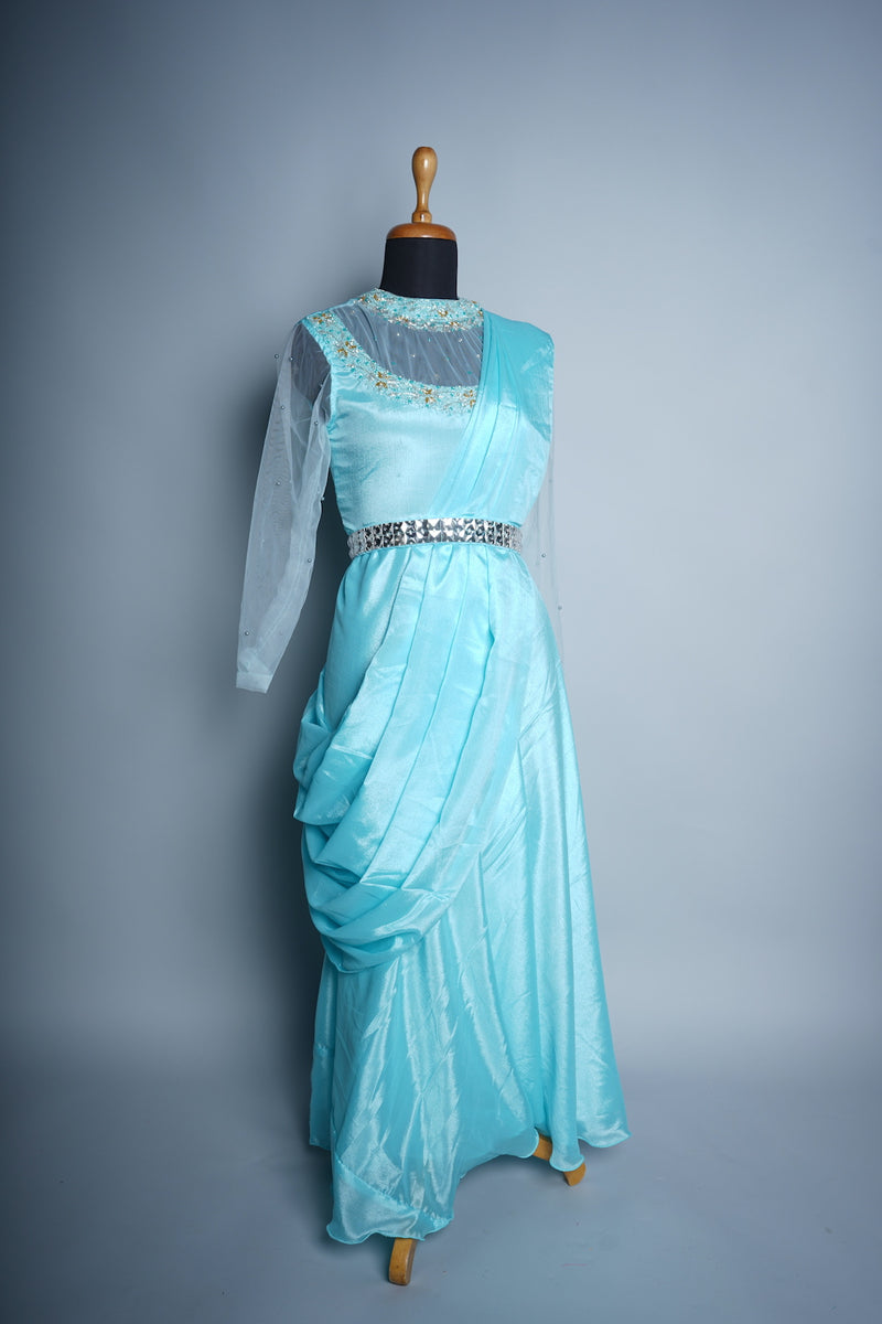 Sky Blue Chinon and Plain net With Speacial Embroidery work in Women Reception Dress