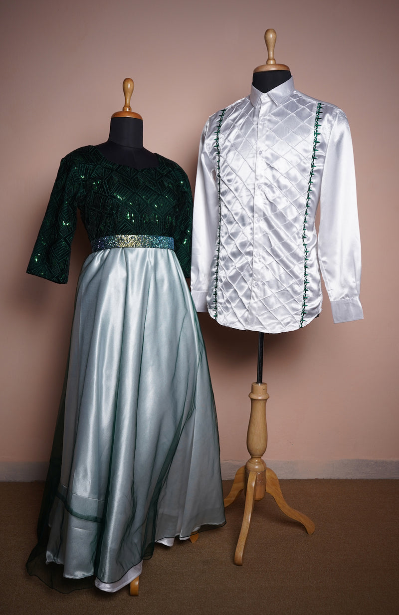 Dark Green Sequin velvet and Plain net and White Satin with Special Embroidery work and Box Pleated Design Couple Clothing