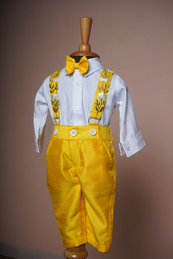 Yellow Rawsilk and White Cotton Shirt with Special Embroidery work in Boy kid Birthday Dress